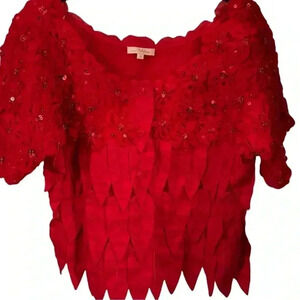 Vintage Red Embellished Intricate Neckline Short Sleeve Blouse Size 10